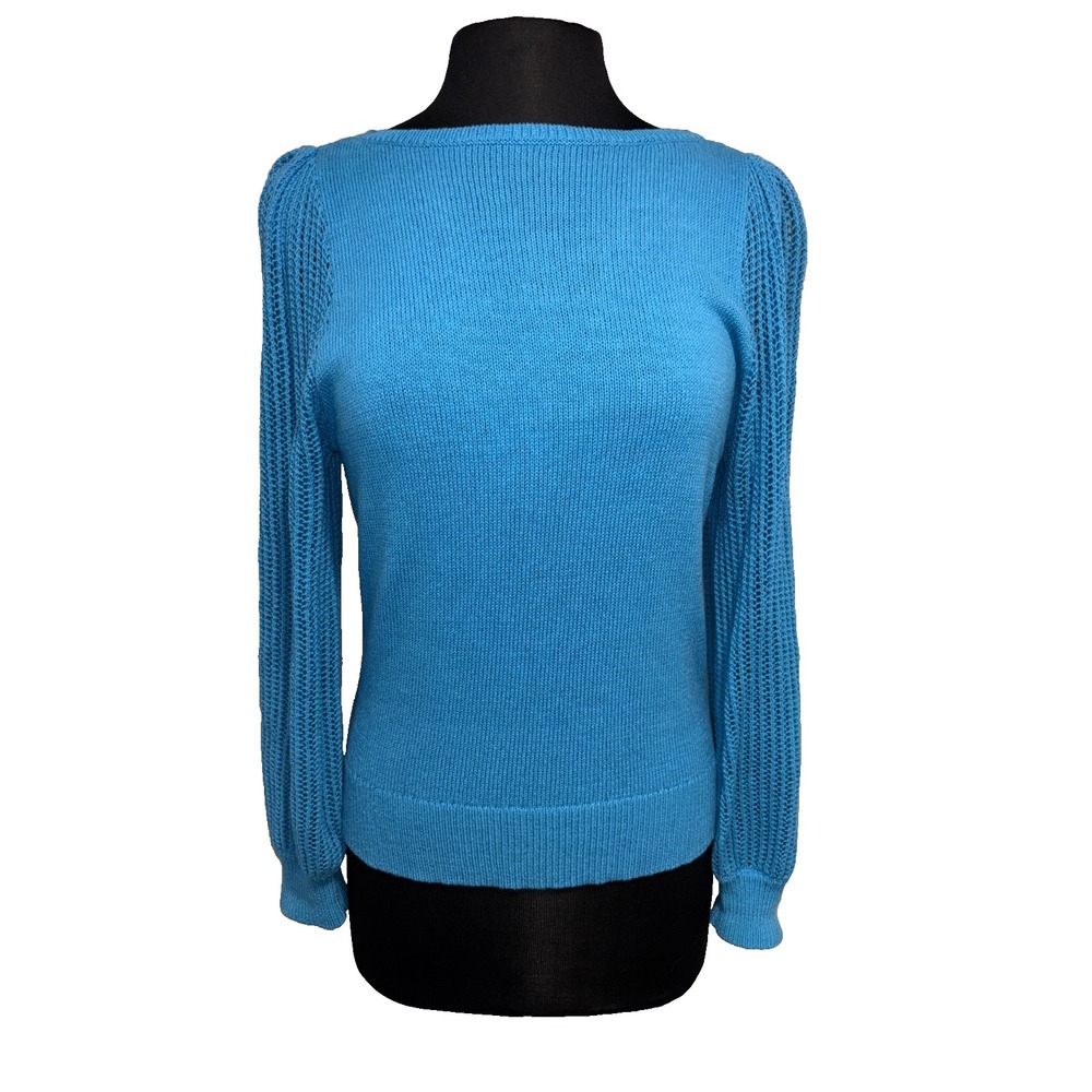 Ann Taylor Factory Sweater Open Knit Mesh Sleeves Size LP Turquoise Boat Neck